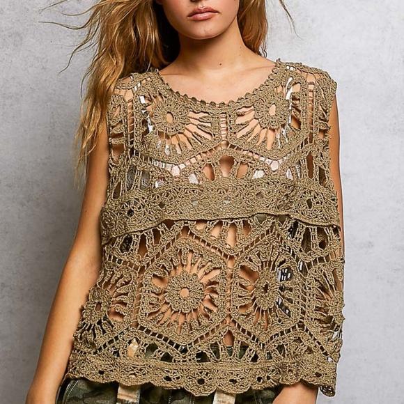 New POL Openwork Floral Crochet SleevelessTank Top Scalloped Oversize Shirt ! - Picture 3 of 7